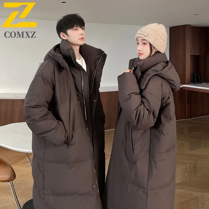 COMXZ Men Winter Jacket 2025 Light Luxury Hong Kong Style Thick Warm Loose Skiing Puffer Jacket Street Hooded Long Down Jacket