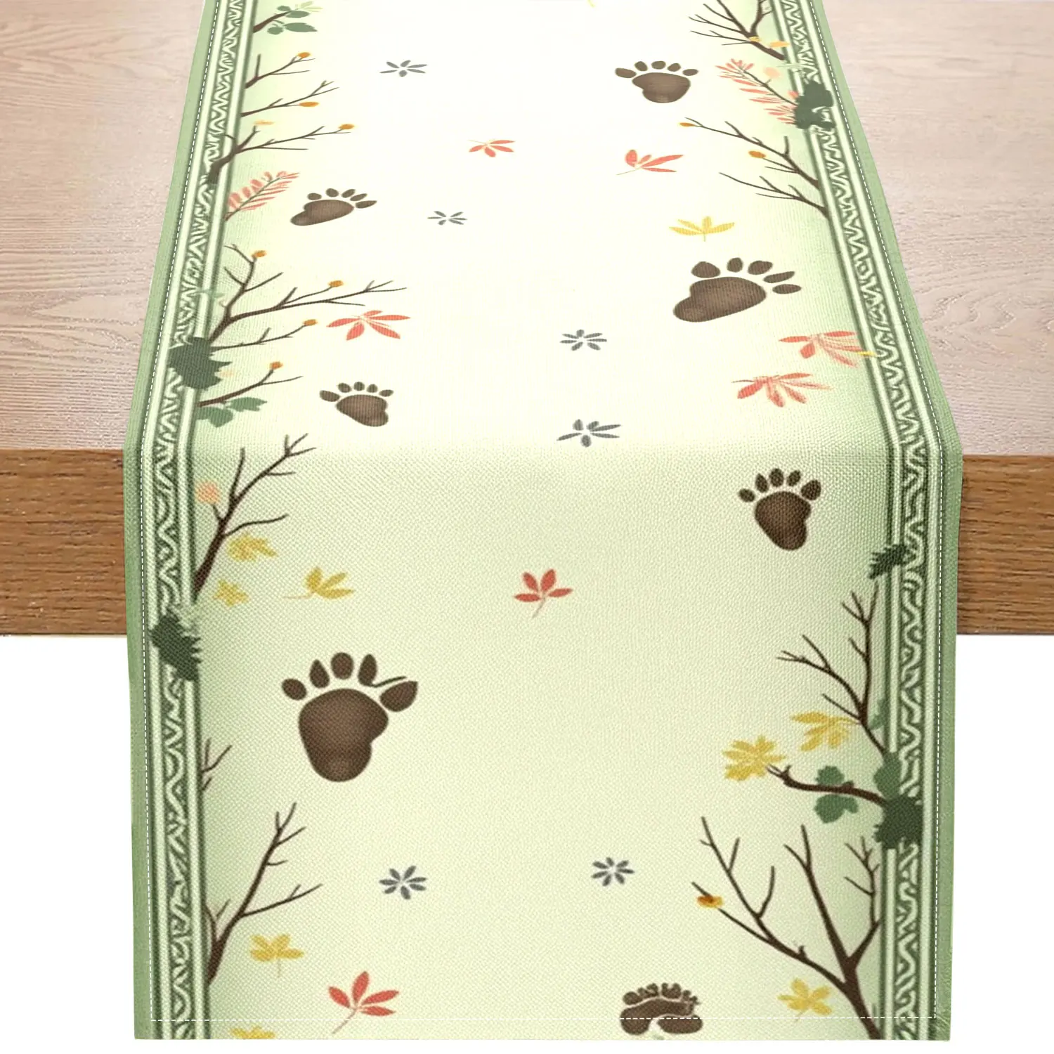 1 pieza de camino de mesa con temática de huellas de animales de estilo bosque, con estampados de patas de animales, hojas de otoño y patrones de ramas, para una casa pastoral y una escena decorativa de estilo natural.