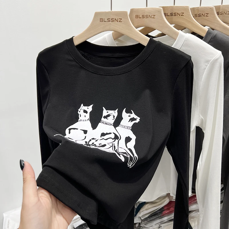 تنوعا سليم صالح القمم الخريف الشتاء تي شيرت المرأة شيك مطبوعة القطن بأكمام طويلة س الرقبة الكورية نمط بسيط قاعدة طبقة تيز