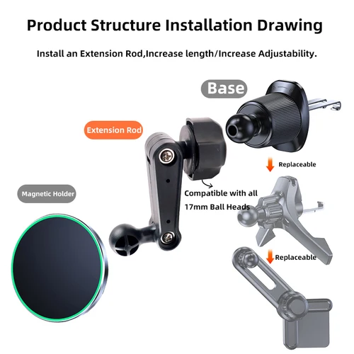 Imagen 2 del producto Soporte para teléfono de coche, varilla de extensión, adaptador de pantalla de salida de aire, accesorios de modificación de brazo de extensión, cabeza de bola Universal de 17mm