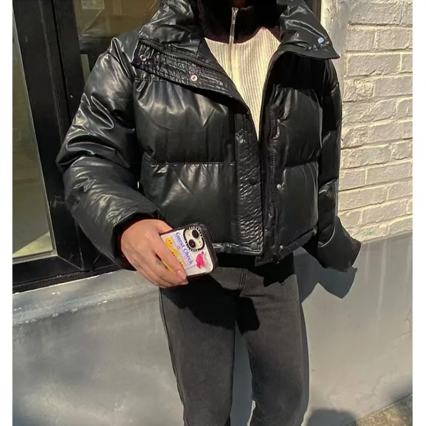 

Women's Chic Retro Thiened ort Cotton Jaet PU Leather Stand Collar Bread Clothes Top Korean Sle Commute Loose Fit Lon...