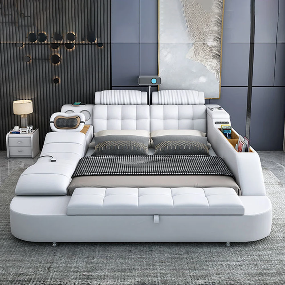 سرير Linlamlim Tech الذكي من الجلد الطبيعي |   سرير نهائي متعدد الوظائف |   تدليك سرير تاتامي مع جهاز عرض |   كاما منجد