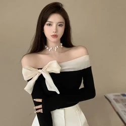 Elegant Women off Shoulder Tops Sweet Bow Contrasting Color Tube Top for Hottie All-Match Romantic Style Long Sleeve Blouse