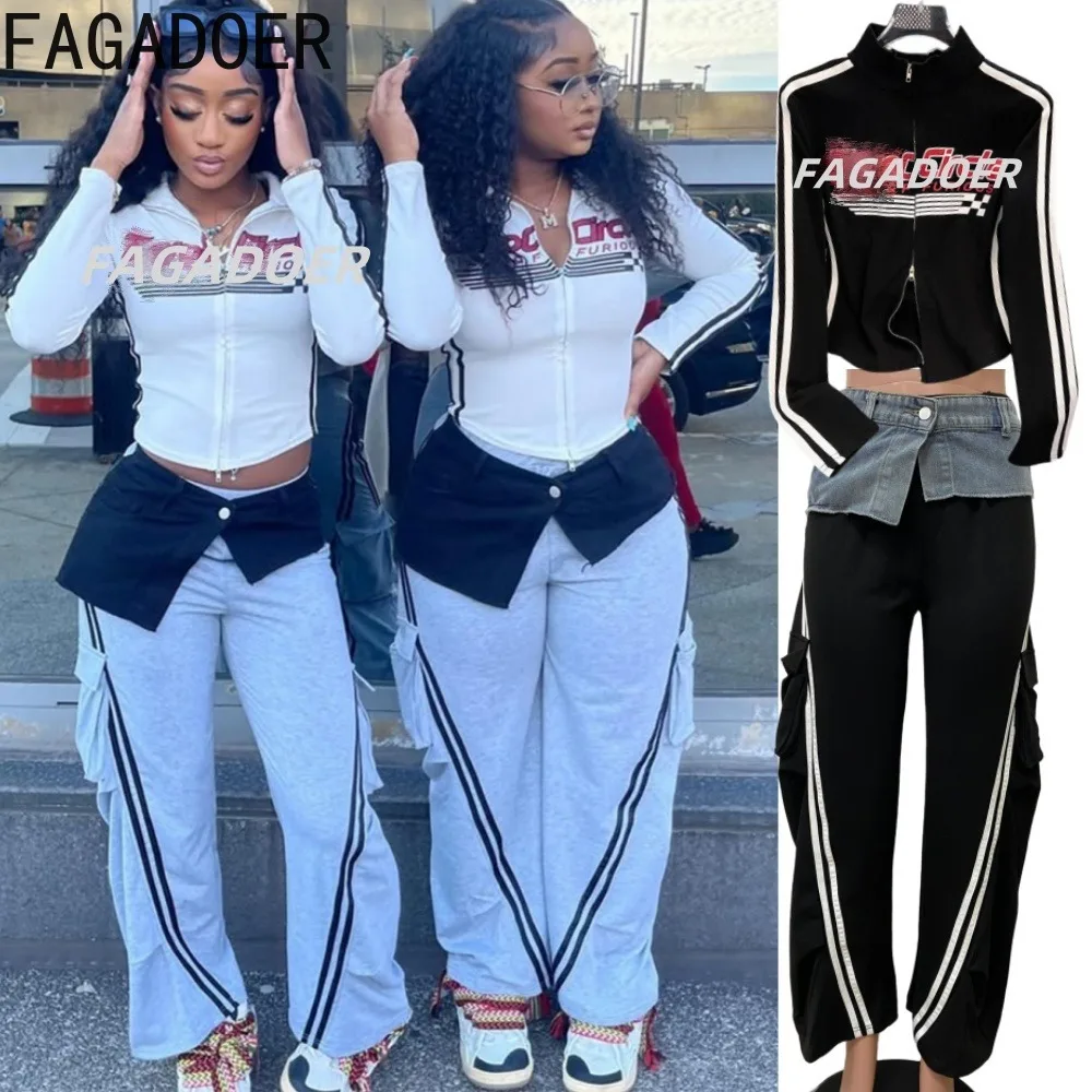 

FAGADOER American Vintage Style Letter Printing 2 Piece Sets Women Outfit Zipper Slim Top and Denim Patchwork Pants Y2K Clothing