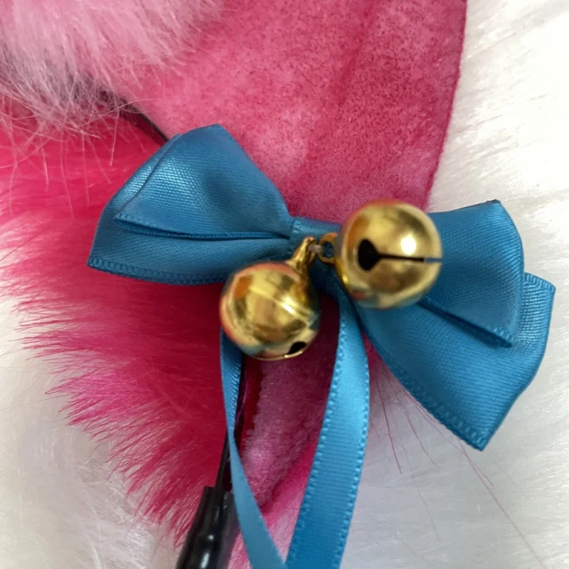 New Handmade Fox Ahri Cosplay Headband Anime Lolita Cute Fox Ears Headdress Pink Cat Bowknot Bell Hairband Accessory