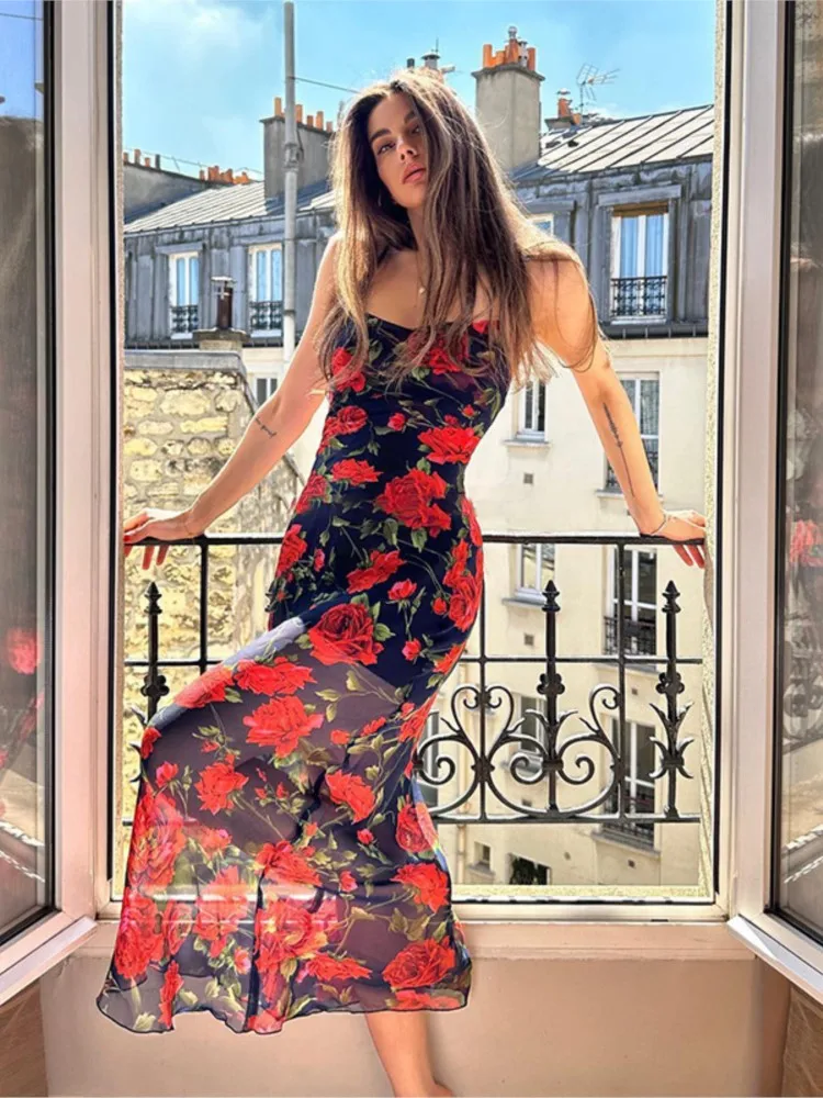 Kwiaty drukuj sukienki z paskiem spaghetti kobiety pakiet temperamentu Hip Bodycon długa sukienka moda seksowna Backless Lady Slim Vestidos