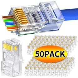 50-1Pcs RJ45 CAT6 CAT5e Pass Through Connectors Crystal End Gold-Plated 8P8C Crimp UTP Standard Ethernet Network Modular Plug