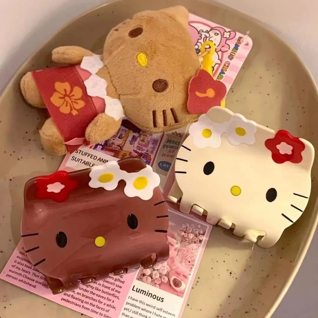 

Sanrio Anime Hair Clip Hello Kitty Hawaii Black Leather Shark Clip Cartoon Cute Girl Bun Hair Accessory Gift Cute Girly Heart