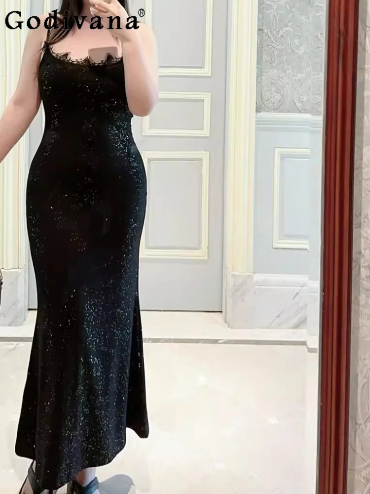 

Large Size XL-4XL Shiny Elegant Lace Splicing Slim Square Neck Fishtail Dress Summer Sexy Black Long Fashion Suspender Dresses