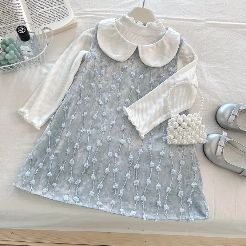 

Girls Suit2025Spring and Autumn New Children's Floral Strap Vest Dress Knitted Base Shirt Two-Piece Set