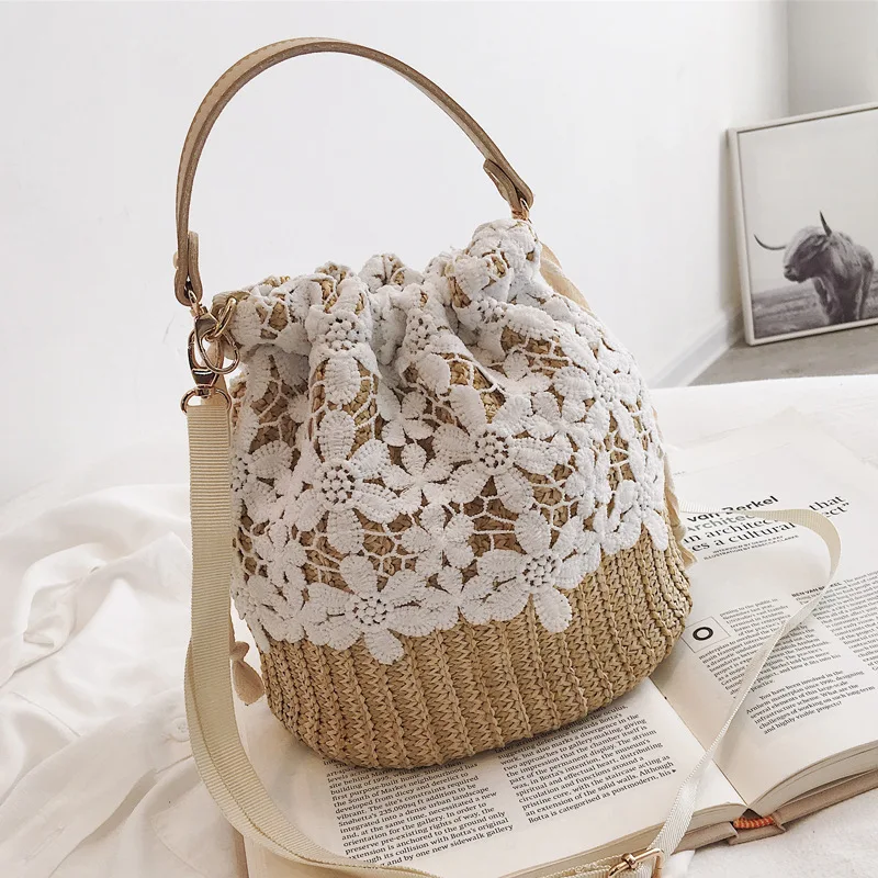 Straw Bag Beach Bucket Bag Small Totes Shoulder Bag Flower Lace Handbag Satchel Crossbody Bag Purses 2023 Casual Day Purse Prom