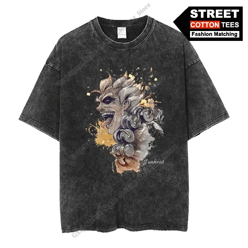 Overwatch Junkrat Graffiti Style Print T Shirt Cotton Washed Vintage Oversized T-shirts y2k Street Casual Unisex Loose Tees