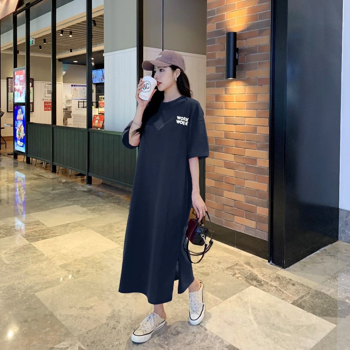 Summer Casual Long Dress Women's Loose Printed Letter Short Sleeve Mid-calf Length T-Shirt Dress Korean Style Split Dress