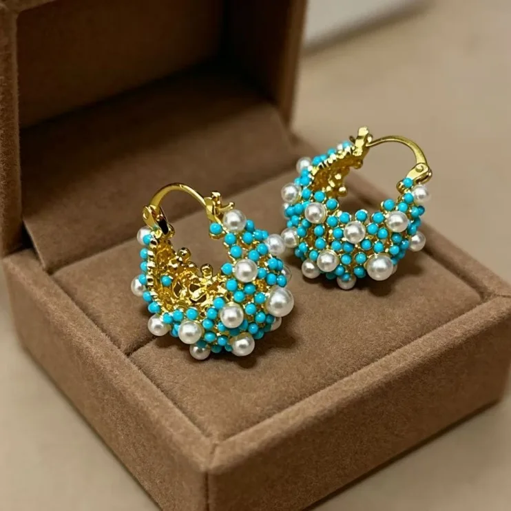 

Retro Green Pine Basket Pearl Ear Buckles Niche Design Heavy Craft Daily Commute Exquisite Temperament Earrings