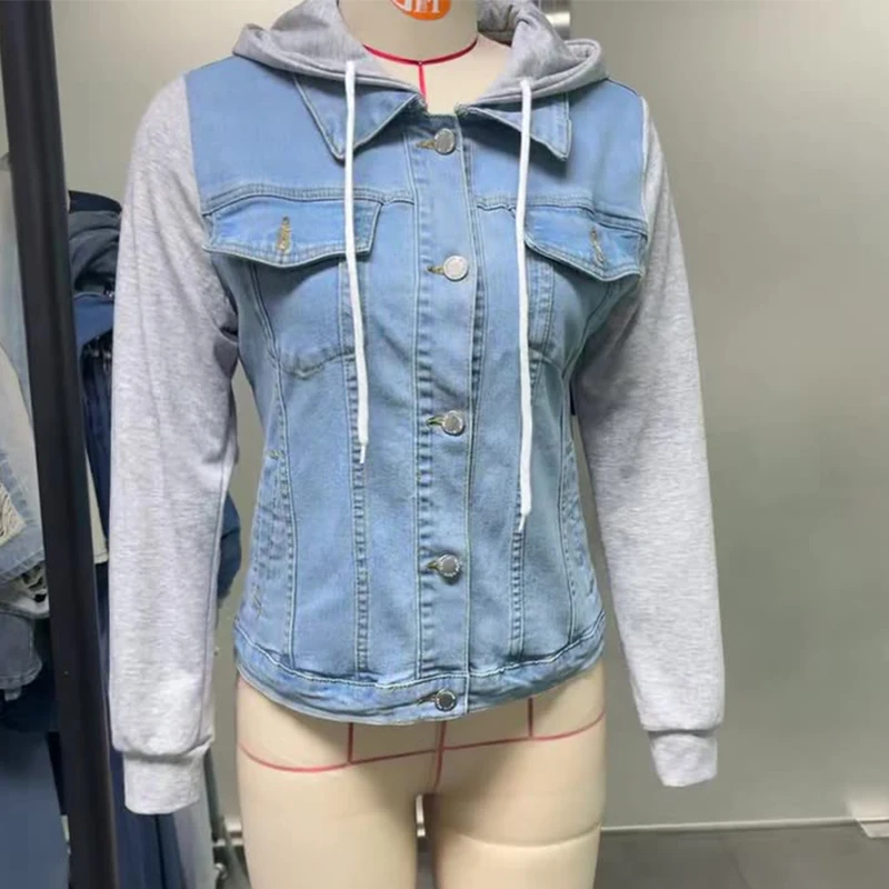 

Джинсовые лоскутные пальто с капюшоном для женщин, 2025 г., модные повседневные куртки с длинными рукавами и завязками, однобортная универсальная верхняя одежда