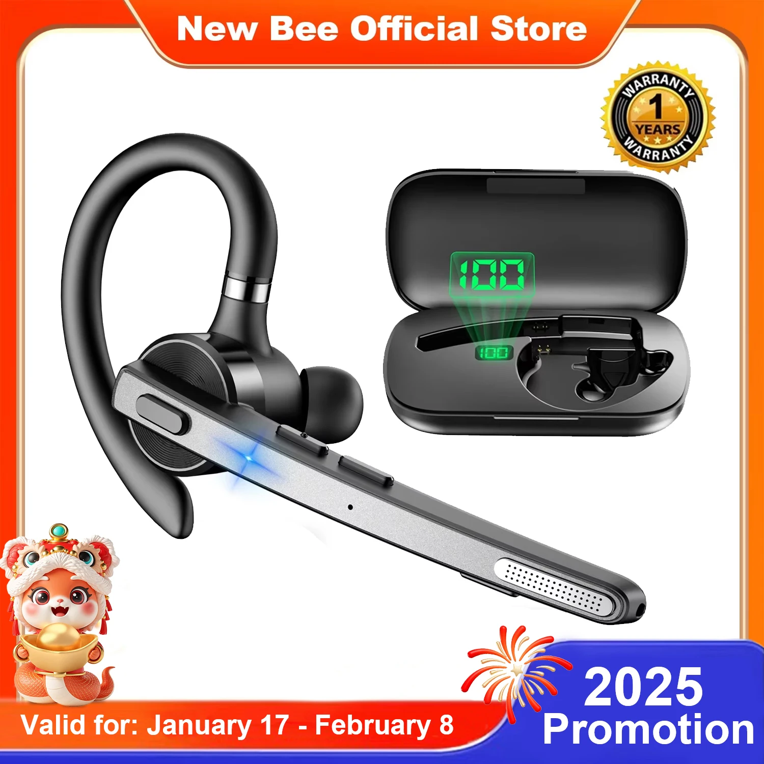 New Bee M53 Wireless Bluetooth 5.1 Headset Single Driving Headphone with Dual-Mic CVC8.0 Noise Cancelling Handsfree Earphones