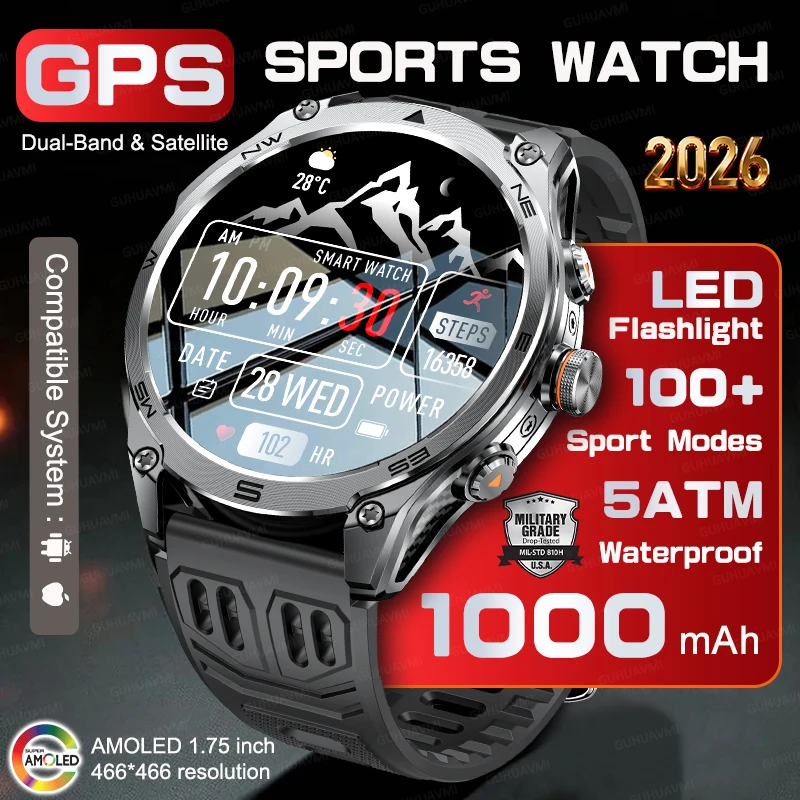 

Новые мужские смарт-часы 2026 года с GPS, большой батареей 1000 мАч, LED-фонариком, компасом, барометром, для активного отдыха, военного класса