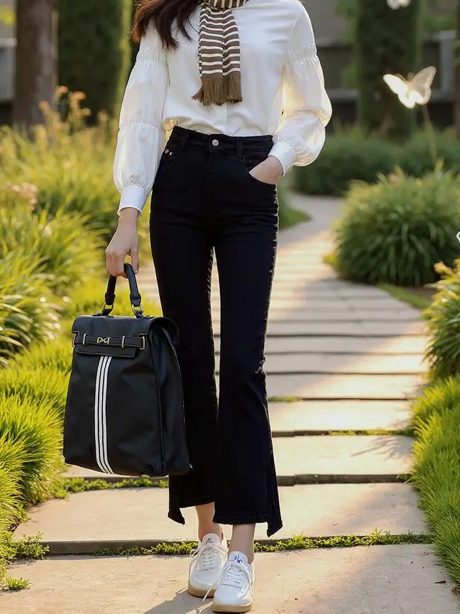 

Джинсы с расклешенным подолом и разрезом, женские узкие джинсы с морщинистой текстурой, повседневные свободные брюки с высокой талией, модные женские брюки, удобная уличная одежда