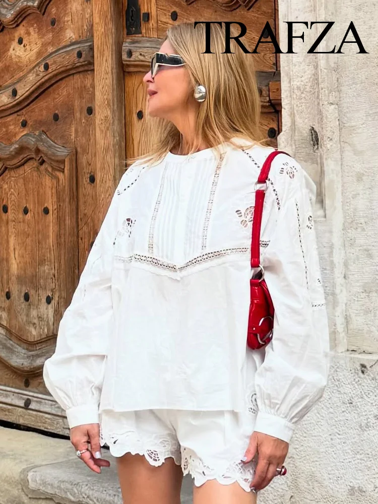 

TRAFZA Women Elegant 2 Piece Set Solid Hollow Embroidery Decoration O-Collar Blouses Top+Fashion High Waist Pleated Chic Shorts