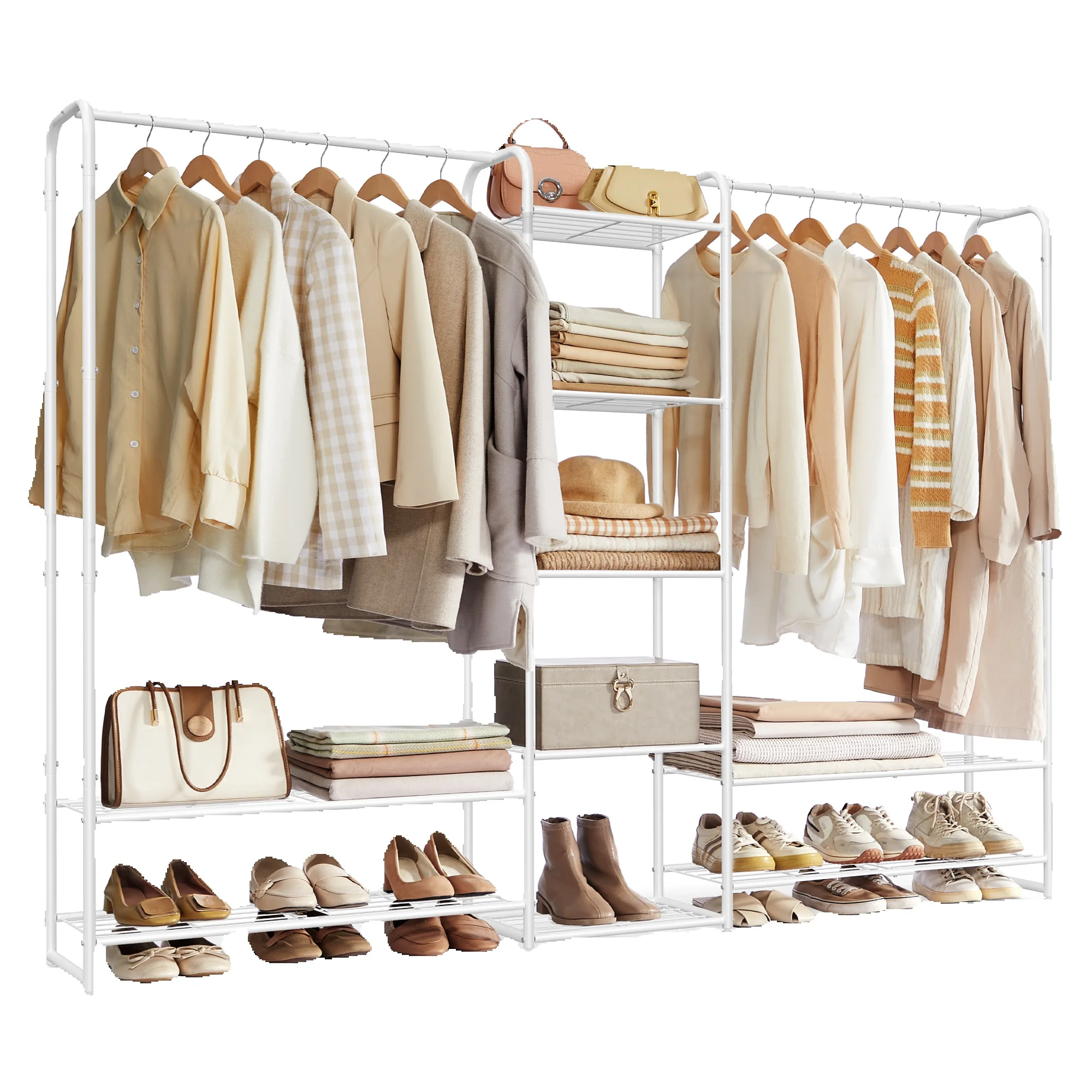 SONGMICS Kleiderständer, offener Kleiderschrank, Kleiderstange, Garderobenständer mit Ablagen, Garderobe aus Metall, freistehend