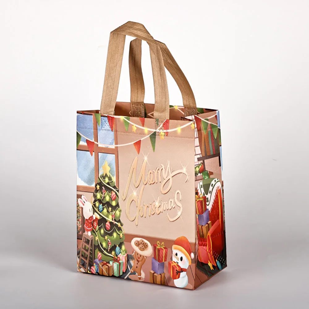 Christmas Non-woven Gift Bag Cartoon Santa Snowman Tote Candy Gift Packaging Pouch Waterproof Christmas Eve Xmas Gift Handbag