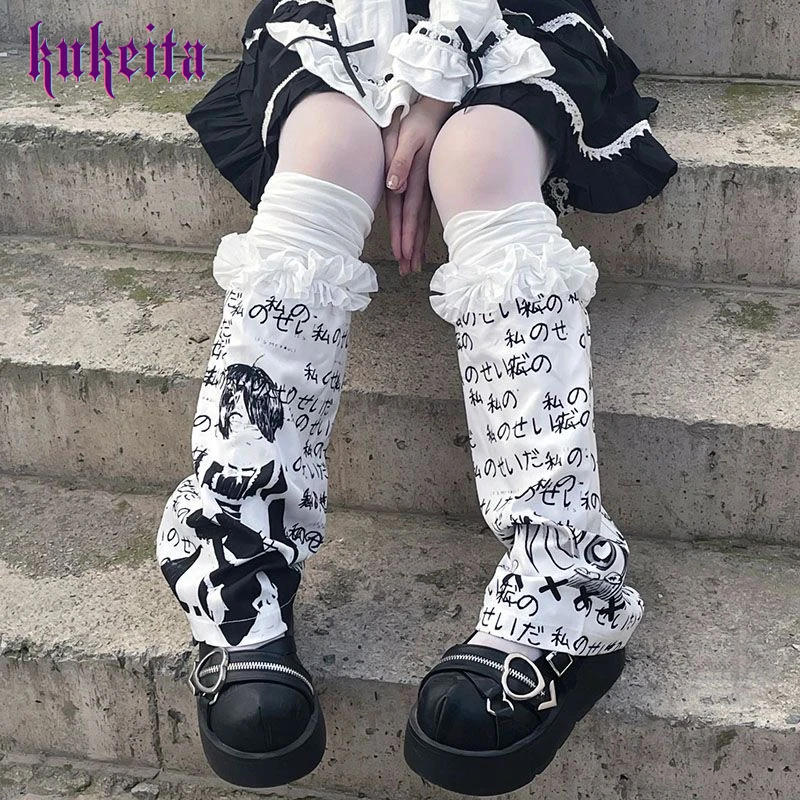 

Гетры Kukeita в готическом стиле с аниме-принтом, Y2K, японский панк, пэчворк, с рюшами, длинные носки, уличная одежда в стиле Харадзюку, накладки на ноги