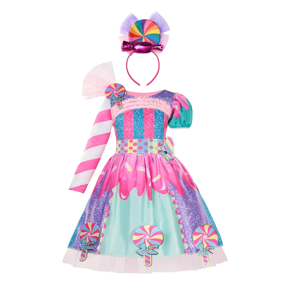 2025 Purim Rainbow Candy Dress Girls Birthday Party Dress Kids Fancy Half Long Sleeve Dress Carnival Christmas Costume