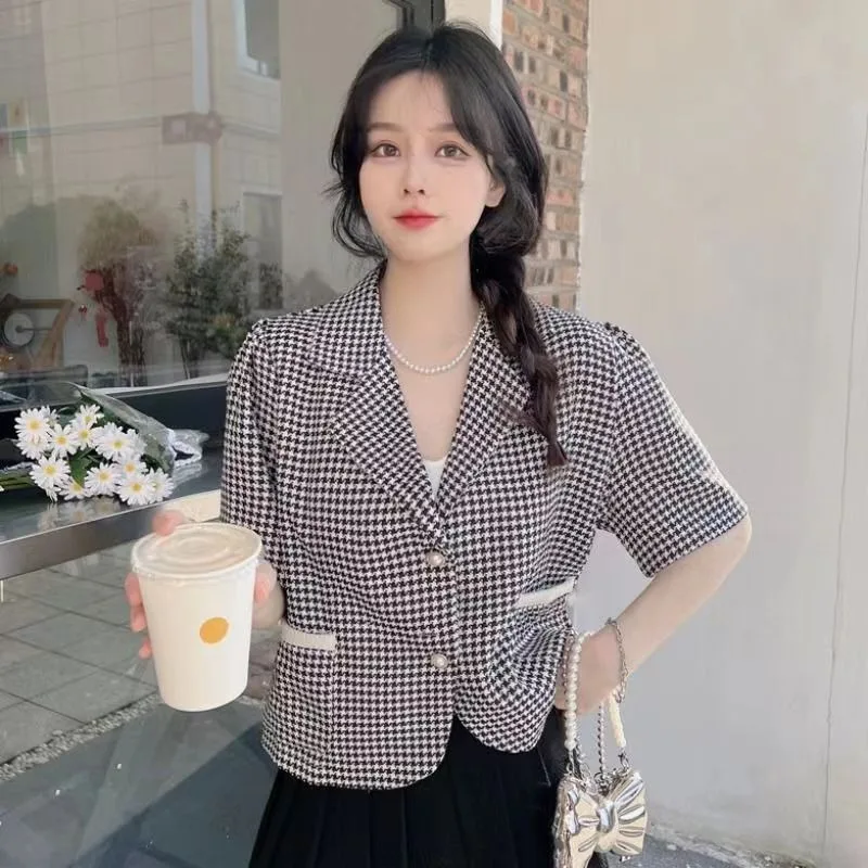 Blouse Women's Summer Houndstooth Short-sleeved Blazer Lightweight Elegant Cropped Comfortable Minimalist Casual Niche Versatile