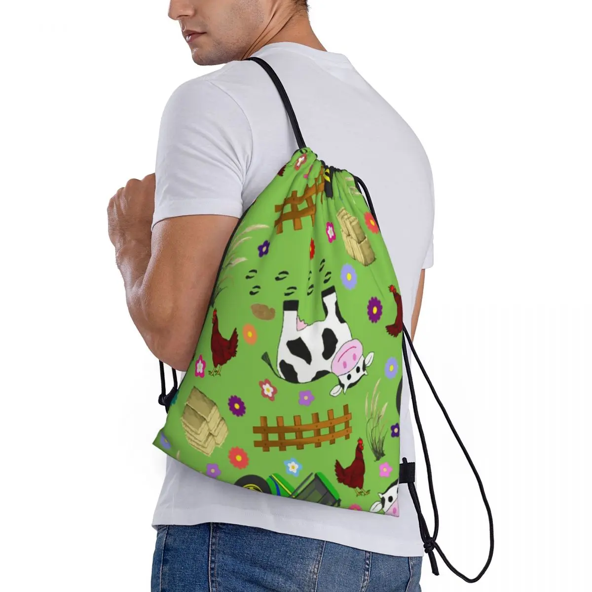 

Farmyard Cow And Tractor Backpacks Portable Drawstring Bags Sports Bag Book Bags for Travel School