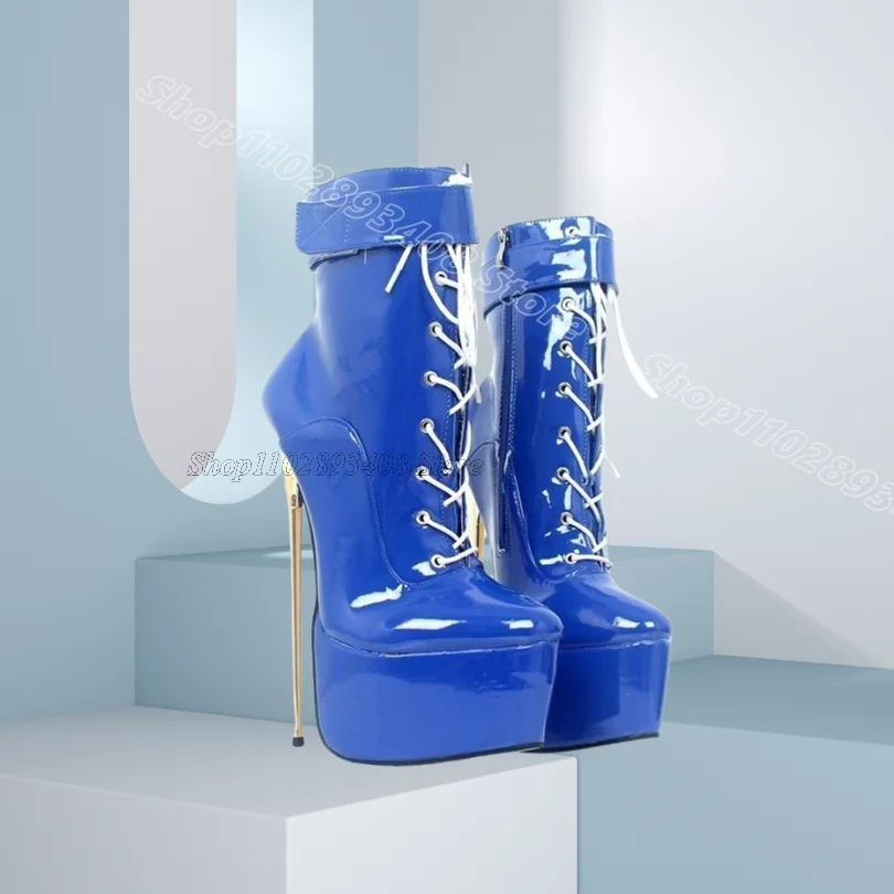 

Blue Metal Heels Stiletto Boots Platform Lace up Fashion British Style Design for Women Short Boots 2025 Zapatos Para Mujere