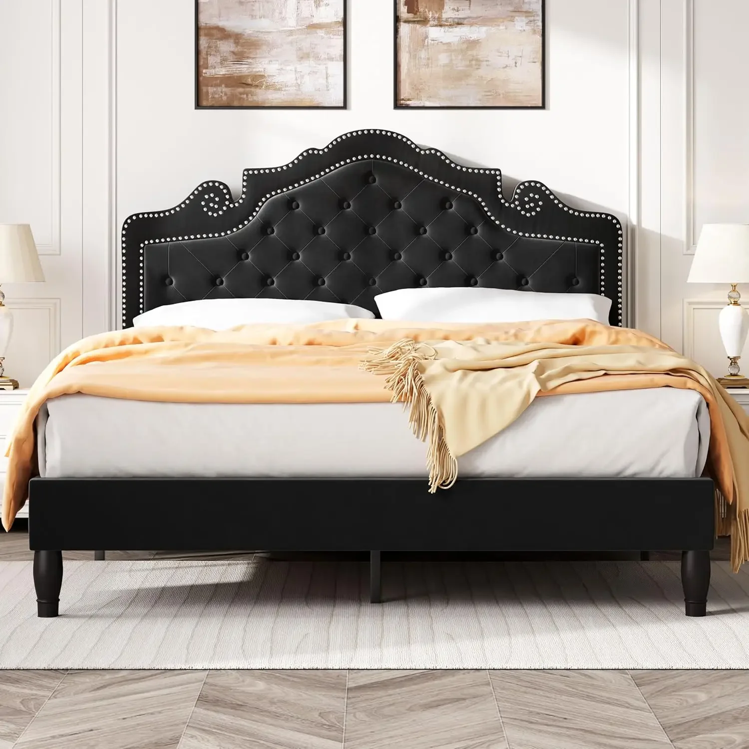 Full Size Bed Frame with Adjustable Headboard/Velvet Upholstered/Diamond Button Tufted and Metal Studs/No Box Spring