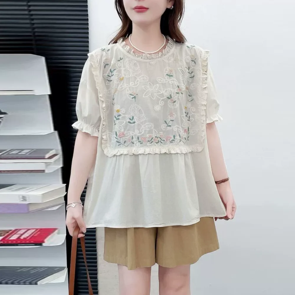 

Japanese Sweet Mori Girl Floral Embroidery Cotton Shirts Women Summer Stand Collar Short Sleeve Casual Loose Pullover Blouse Top