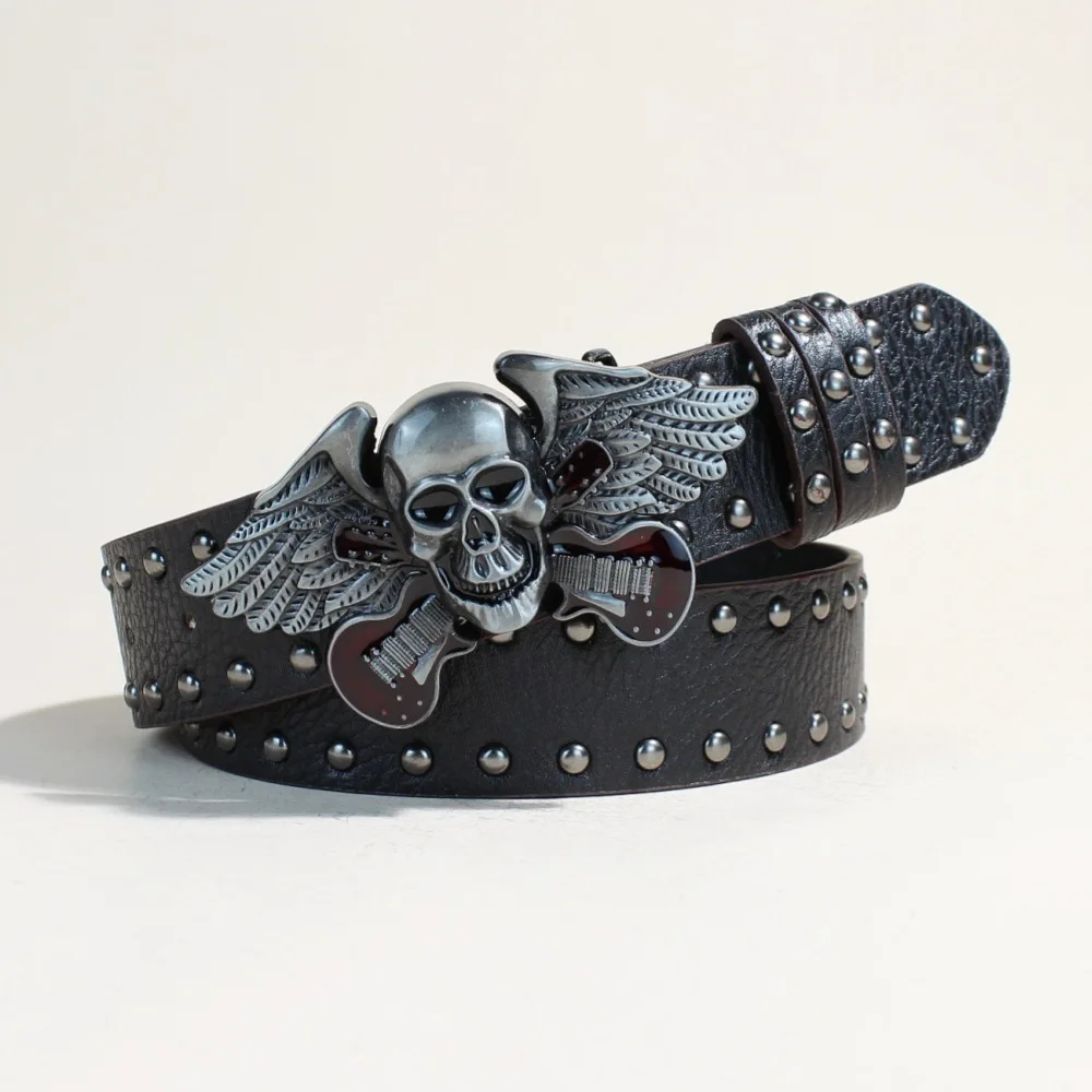

American Retro Belt with High-end Design, Metal Skeleton Hollow Rivets, Punk Style, Dark Style Waist Belt