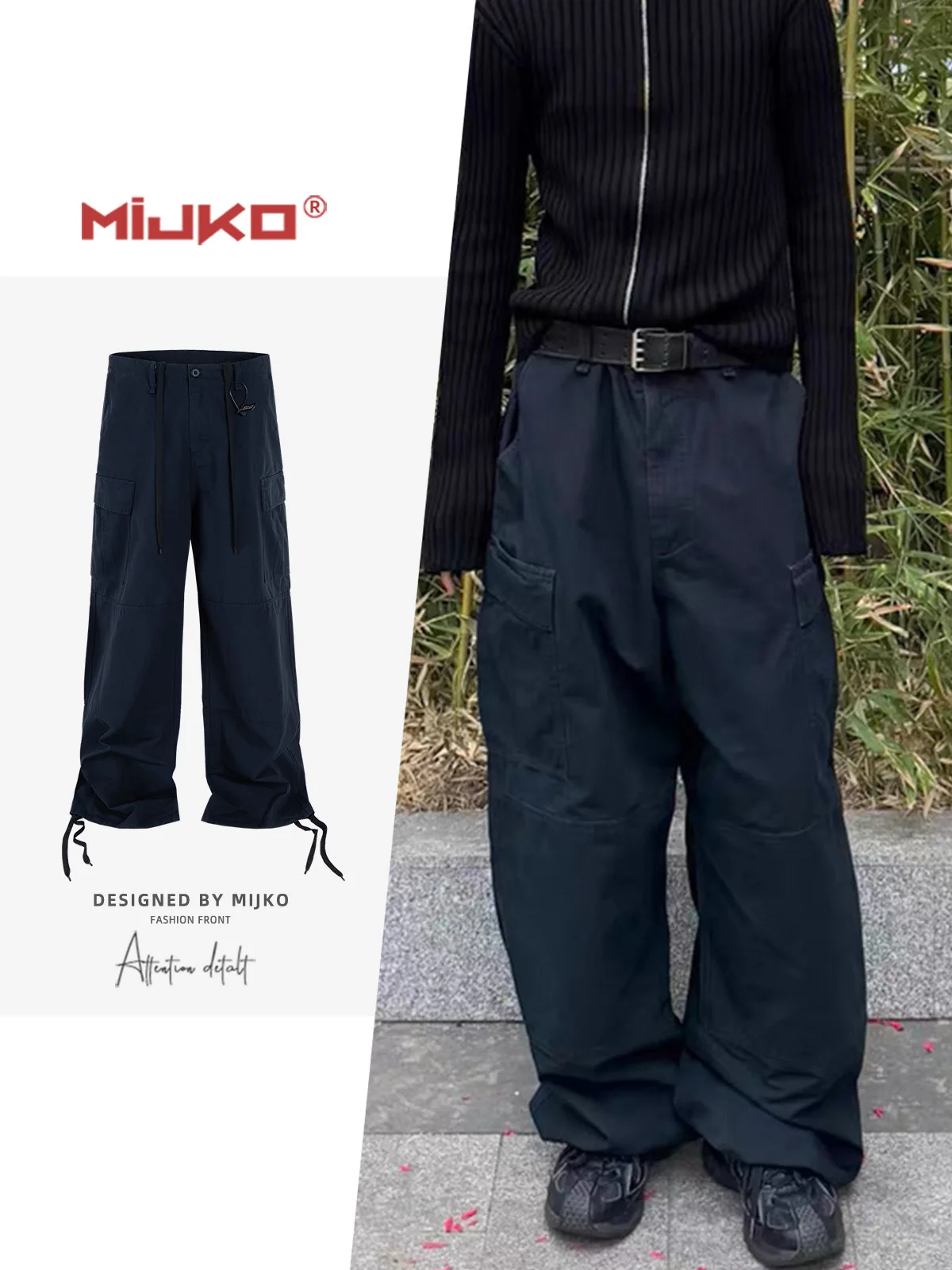 MIJKO Dark Blue Pants Wide Leg Multi-pocket Cargo Pants 8516#