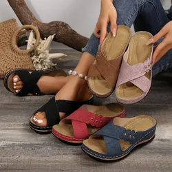 Vintage Mid Heel Strappy Back Open Toe Slide Sandals - Soft Faux Leather Upper, Comfy PU Sole Comfortable Shoes for Women