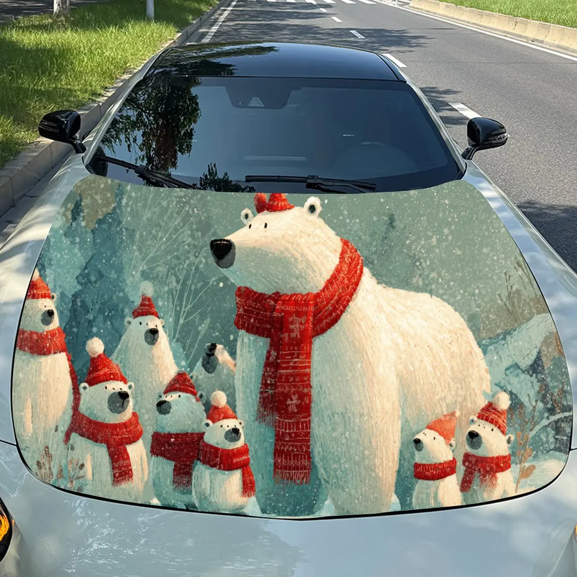 

Cheerful Christmas Polar Bear Family Auto Cover Sticker, Waterproof and Self-adhesive Auto Hood Decal, Auto Vinyl Wraps, Cool Ca