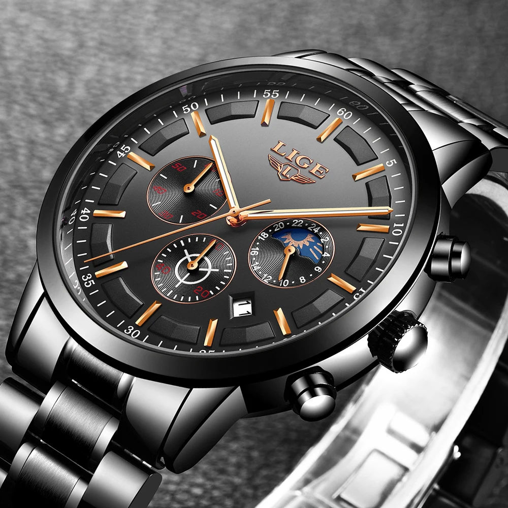 LIGE 2023 mode hommes montres haut de gamme montre d'affaires de luxe pour hommes en acier inoxydable étanche Quartz horloge Relogio Masculino