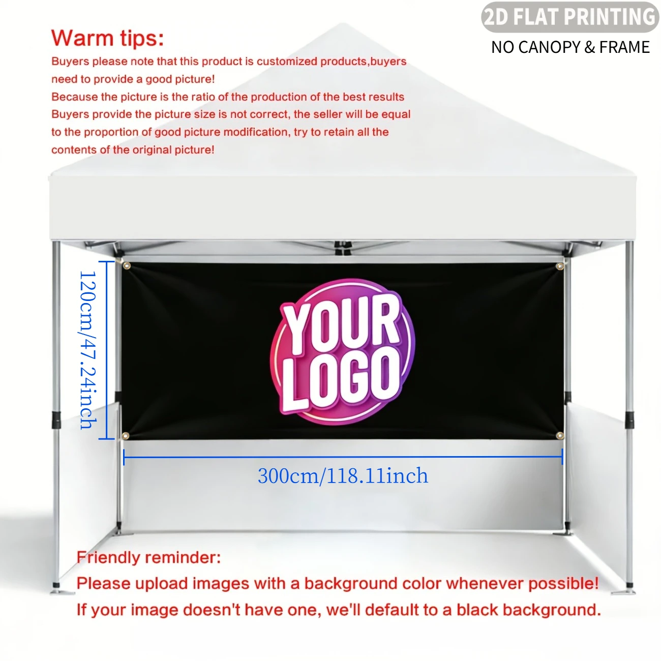1pc Custom Tent Banners and Valance for Business, with Brand and Logos. Excluding Canopies and Frames. with 4 Metal Grommets