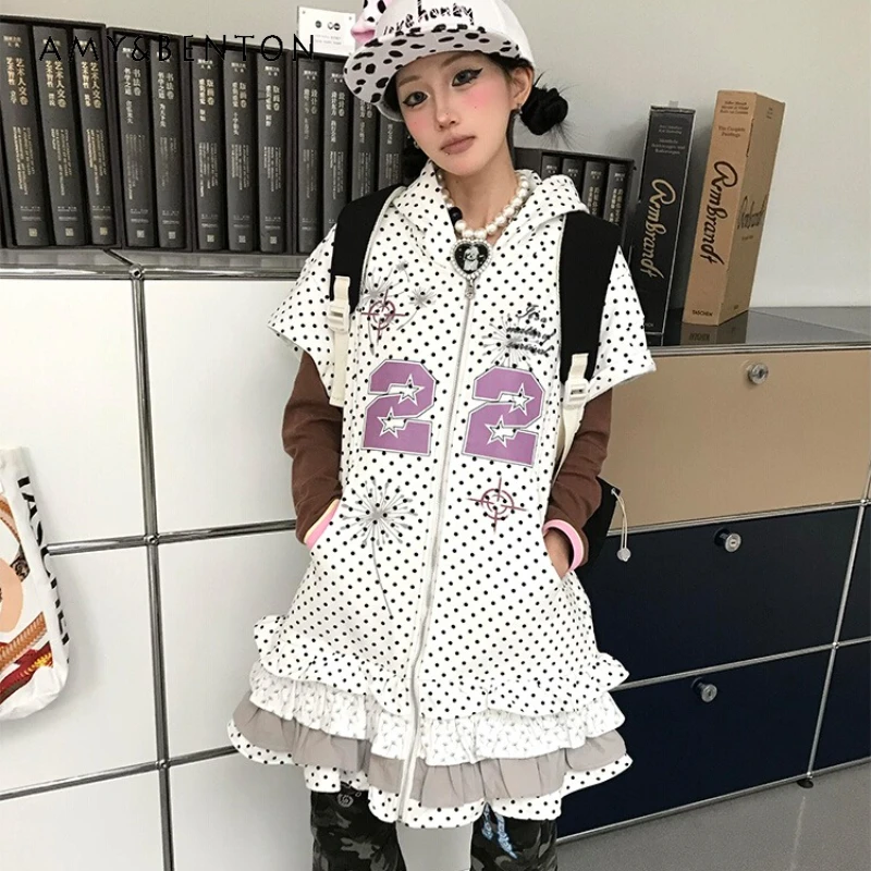 

New White Polka Dot Short-sleeved Dress Women 2025 Summer Fungus Edge Y2k Hot Girl Sweet Cool Age-reducing Hooded Dresses Ladies