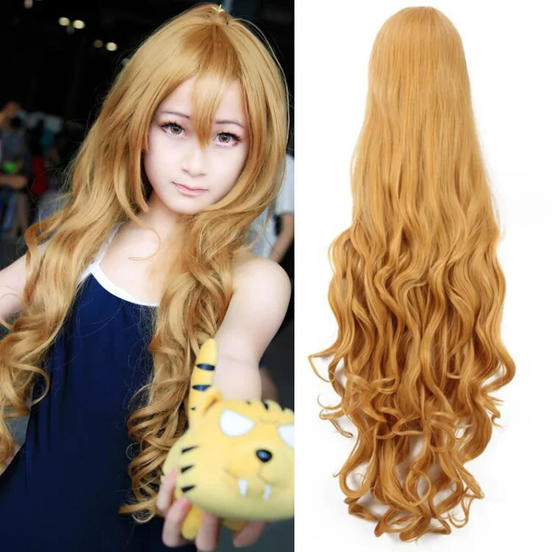 Toradora! Aisaka Taiga 100cm Long Curly Wavy Golden Brown Heat Resistant Hair Cosplay Costume Wig   Free Wig Cap