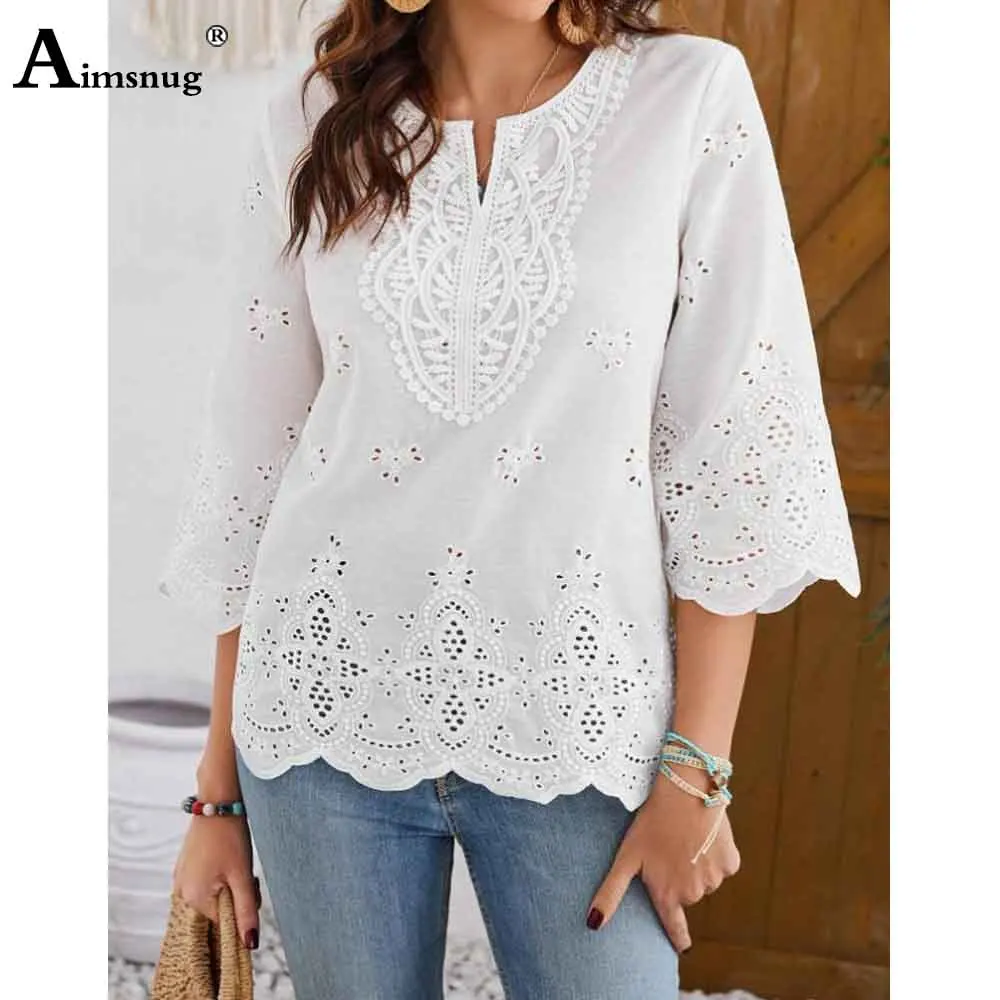 European Style 2025 Women Lace embroidery Basic Shirts New Casual Beach Tops Blouse Ladies Bohemian Flower shirt blusas femmes