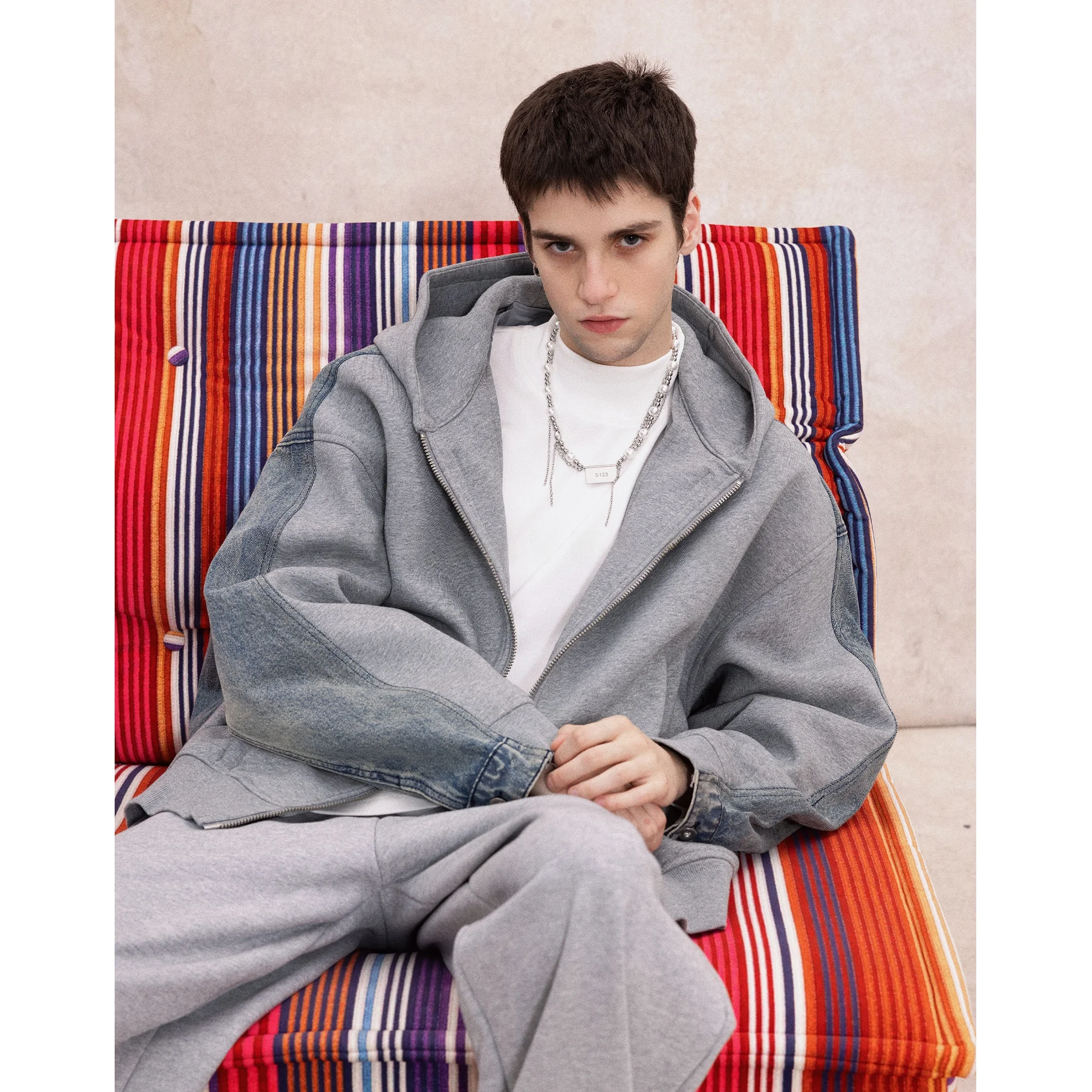 

Detachable Inner 90 White Duck down Denim Patchwork Hooded Men's Sweatshirt Jacket Warm Thickened Casual Style Short Coat