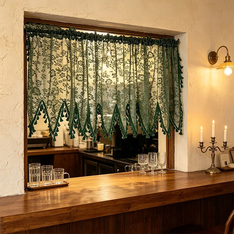1pc Aesthetic Vintage Dark Green Lace Curtain, Fringe Tassel Semi‑Sheer Rod‑Pocket Short Valance for Bar Kitchen Small Window