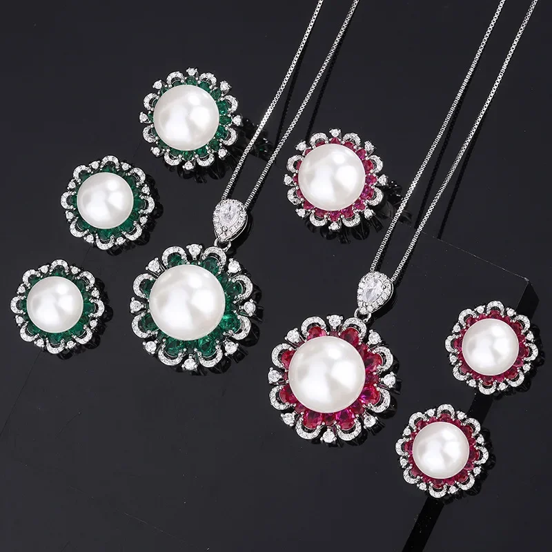 SRJewelry Copper Plated Imitation Colorful Treasure Inlaid with White Pearl Flower Set for Women 16-14-12m