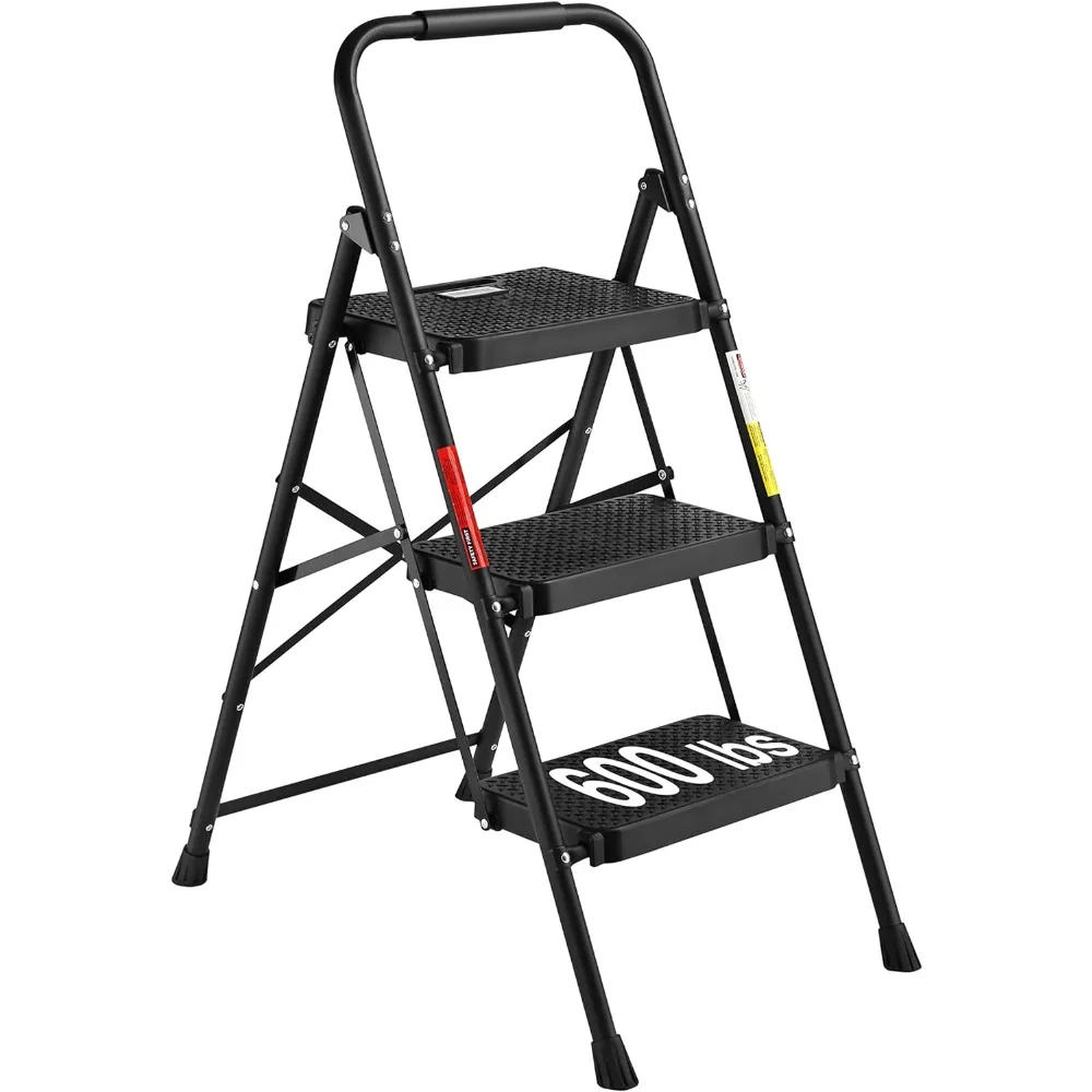 

3-Step Ladder, Folding Step Stool with Wide Anti-Slip Pedals, Max Load Capacity 600lbs Sturdy Steel Ladder, Convenient Handgrip