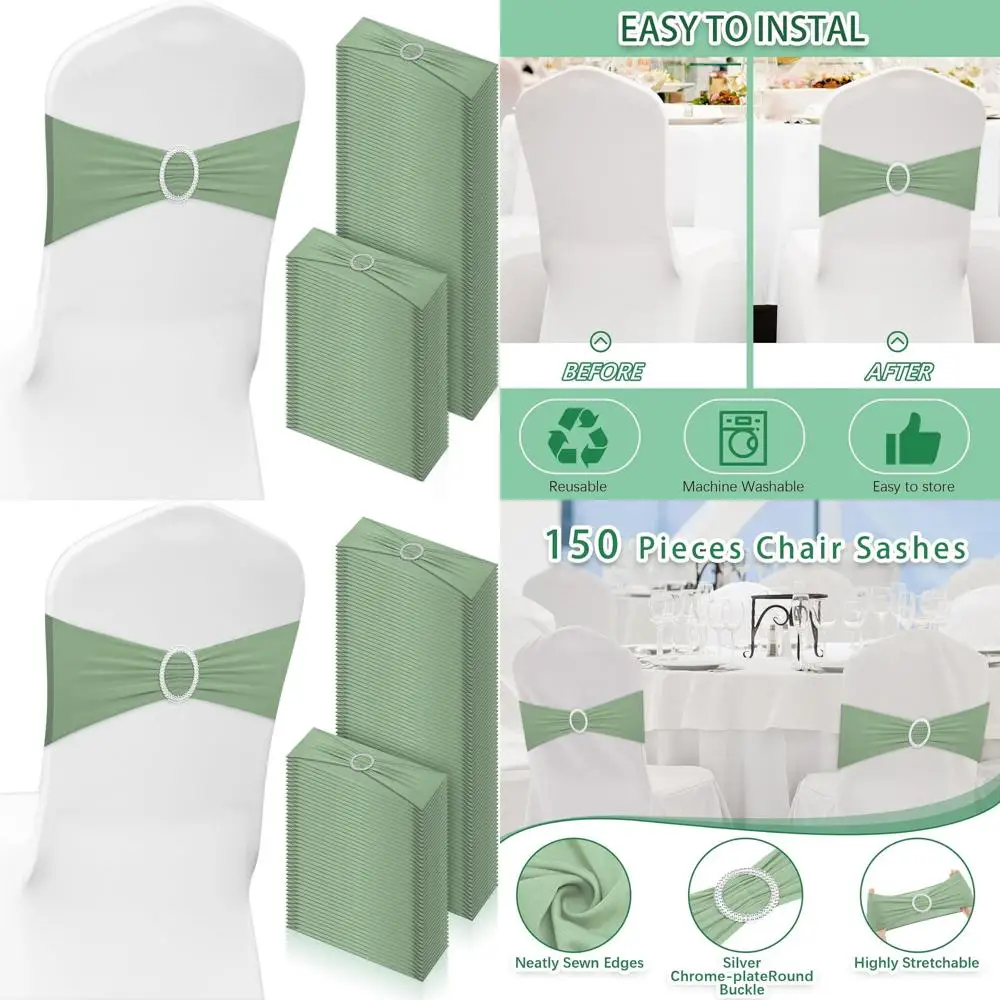 

Пояса для стула из спандекса шалфея и ползунки с пряжками для свадеб, вечеринок и банкетов — 150 эластичных резинок