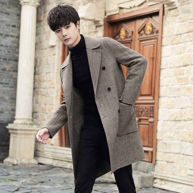 2023 Men's Autumn Winter New Long Woolen Windbreaker Coats Male Double-breasted Casual Jackets Men Wool Blends Outerwear