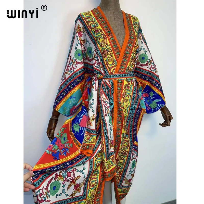 WINYI 2022 lato boho vestido długi Kaftan kimono kostiumy kąpielowe okrycie plażowe up luźny kardigan kobiety strój kąpielowy odkryty szata femme