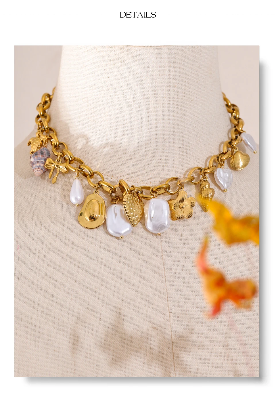 Yhpup Ozean-Stil, simulierte Perlen, Muschel, Schildkröte, Muschel, Herz, Blume, Tropfen-Halskette, 2025, Edelstahl, handgefertigter Schmuck, neu – Detail 13