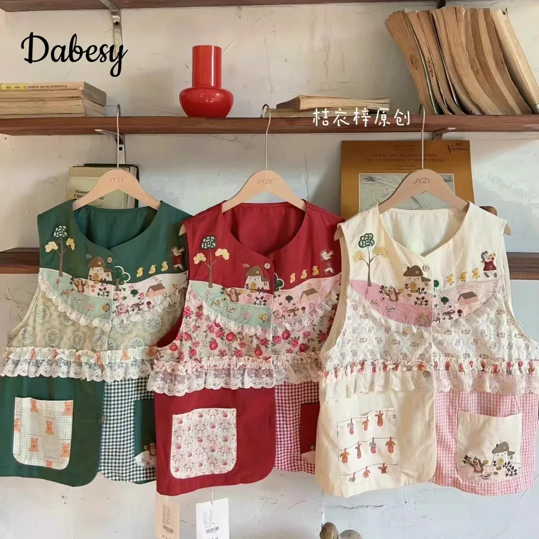 

Vintage Embroidery Lace Patchwork Vest Jacket Women Japanese Mori Girl Plaid Cotton Linen Waistcoat Casual Sleeveless Crop Tops